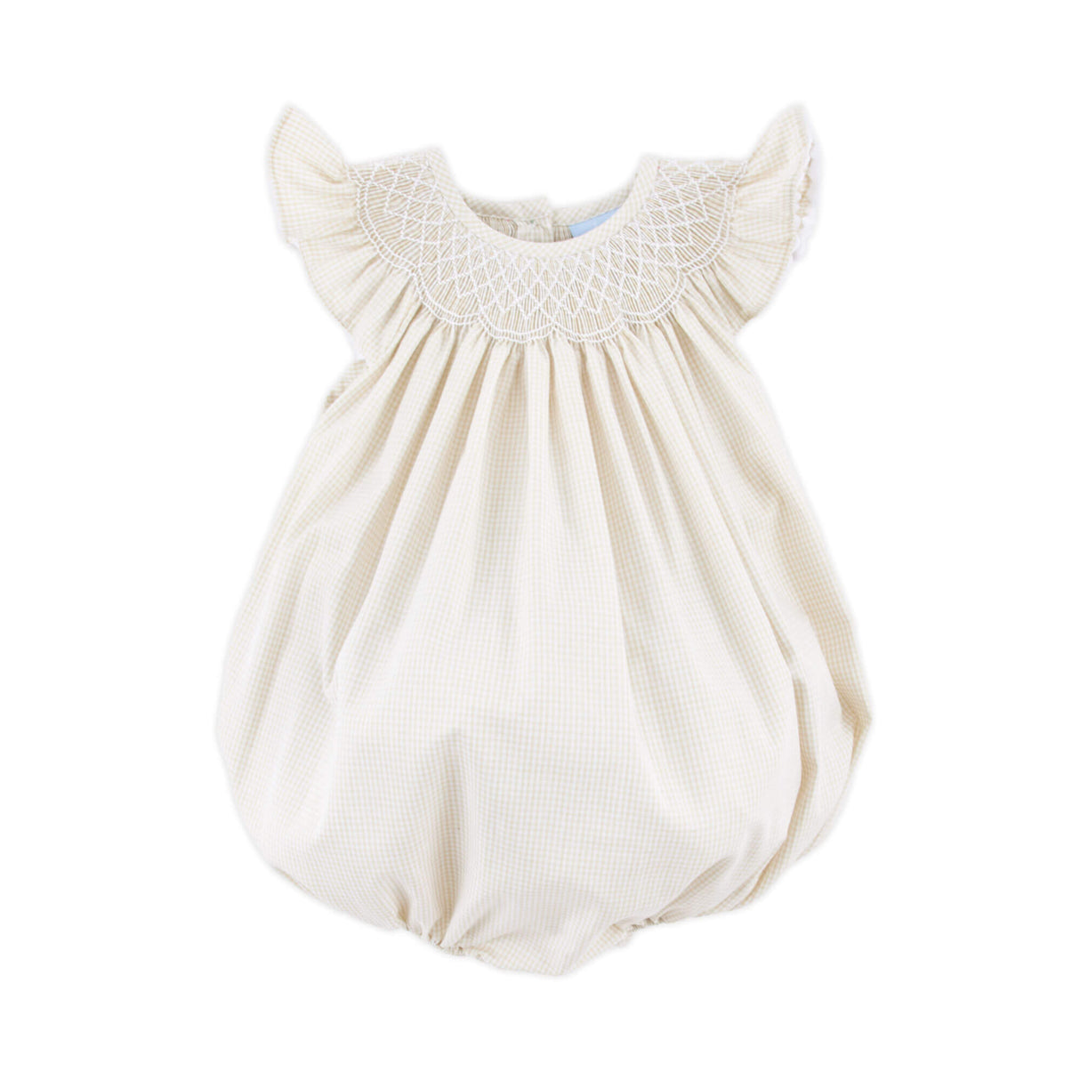 Geo Smocked Tan Gingham Angel Sleeve Bubble