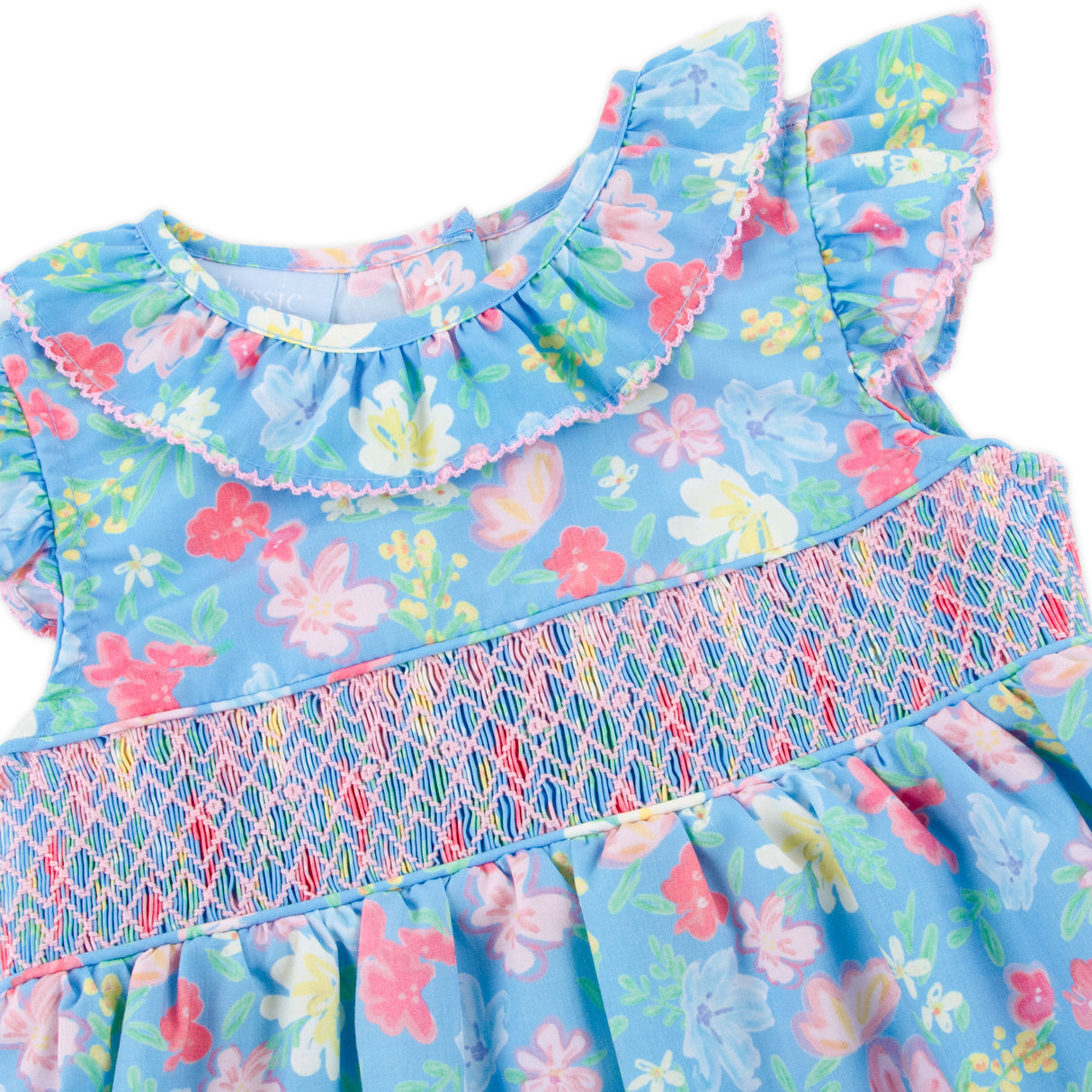 Evergrace Floral Blue Smocked Ruffle Collared Dress