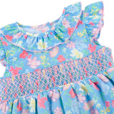 Evergrace Floral Blue Smocked Ruffle Collared Dress