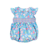 Evergrace Floral Blue Smocked Ruffle Collared Bubble