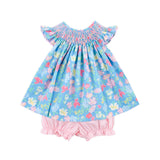 Evergrace Floral Blue Smocked Angel Sleeve Bloomer Set