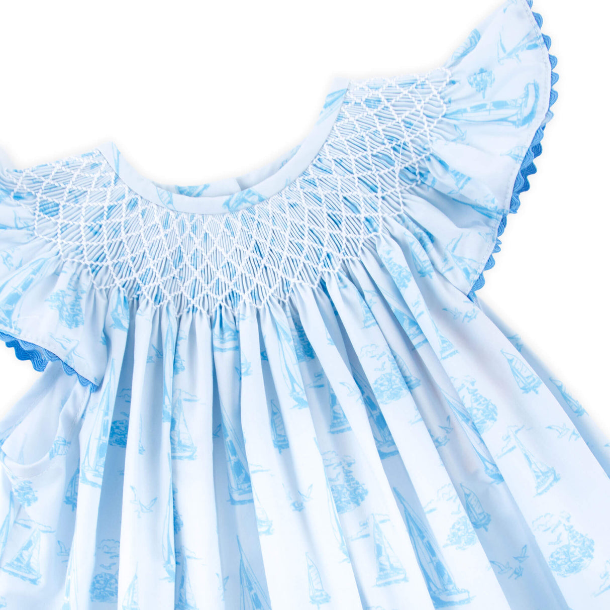 Nautical Blue Sailboat Smocked Angel Sleeve Dress