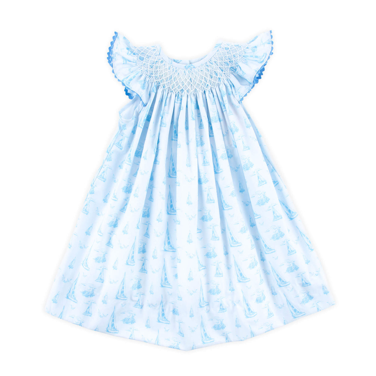 Nautical Blue Sailboat Smocked Angel Sleeve Dress