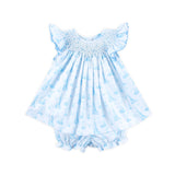 Nautical Blue Sailboat Smocked Angel Sleeve Bloomer Set