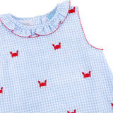 Crab Schiffli Blue Gingham Ruffle Collared Dress