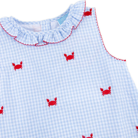 Crab Schiffli Blue Gingham Ruffle Collared Dress