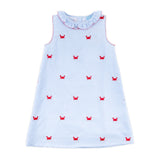 Crab Schiffli Blue Gingham Ruffle Collared Dress