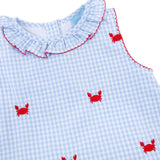Crab Schiffli Blue Gingham Ruffle Collared Bloomer Set