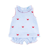 Crab Schiffli Blue Gingham Ruffle Collared Bloomer Set