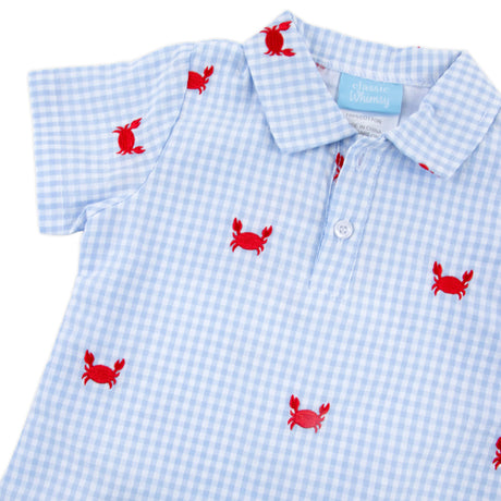 Crab Schiffli Blue Gingham Polo Romper