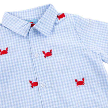 Crab Schiffli Blue Gingham Short Sleeve Button Down