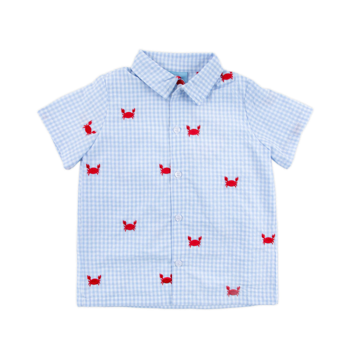 Crab Schiffli Blue Gingham Short Sleeve Button Down
