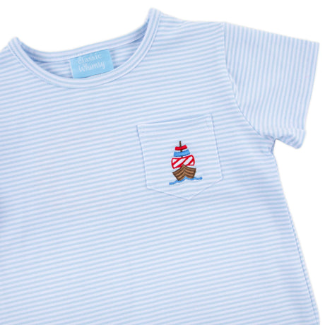 Sailboat Light Blue Stripe Short Sleeve Pocket Shirt