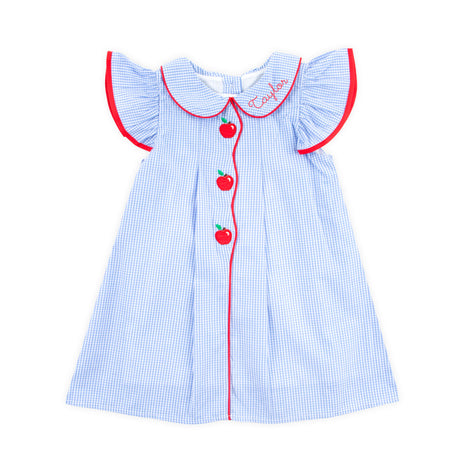 Adorable Apple Embroidered Blue Gingham Jane Dress