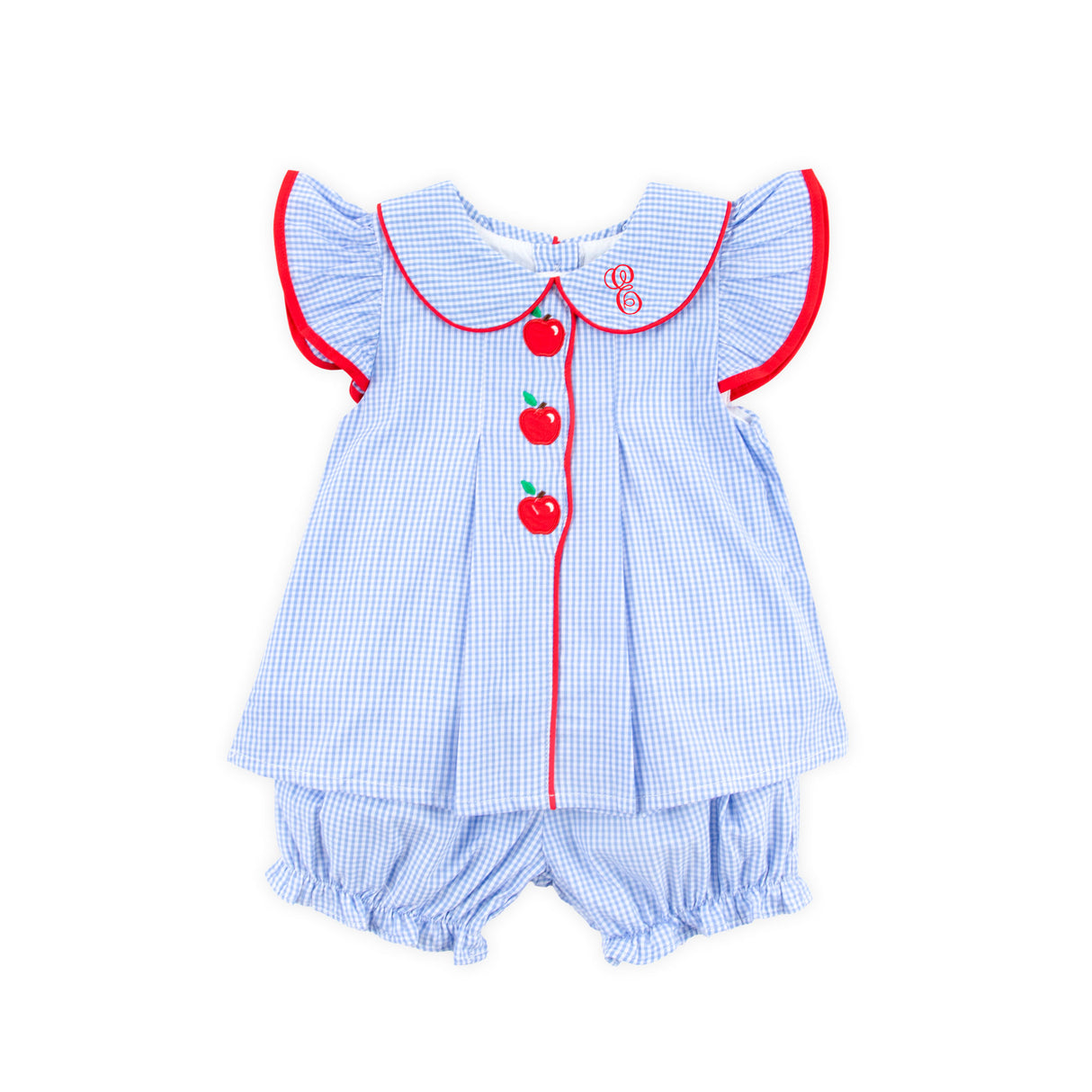 Adorable Apple Embroidered Blue Gingham Jane Bloomer Set