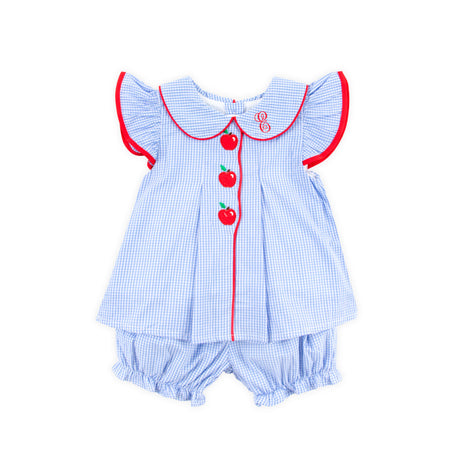 Adorable Apple Embroidered Blue Gingham Jane Bloomer Set