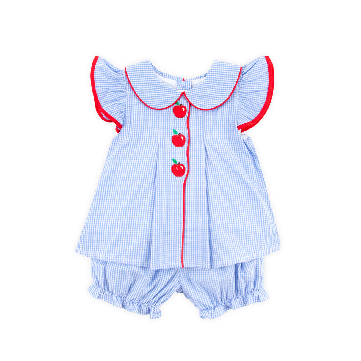Adorable Apple Embroidered Blue Gingham Jane Bloomer Set