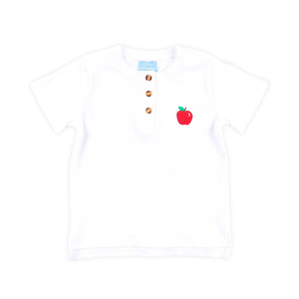 Apple Embroidered White Short Sleeve Henley Shirt