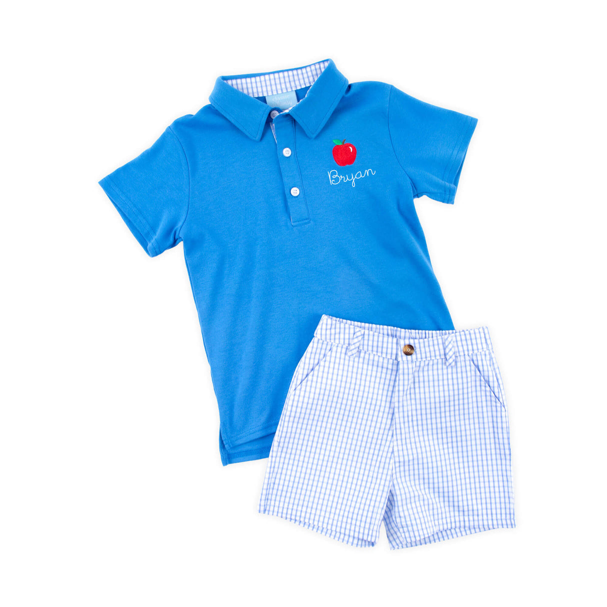 School Adventure Blue Windowpane Polo Short Set