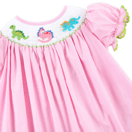 Dinosaur Smocked Pink Gingham Bubble