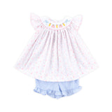 Pink Apple & Pencil Floral Smocked Short Set