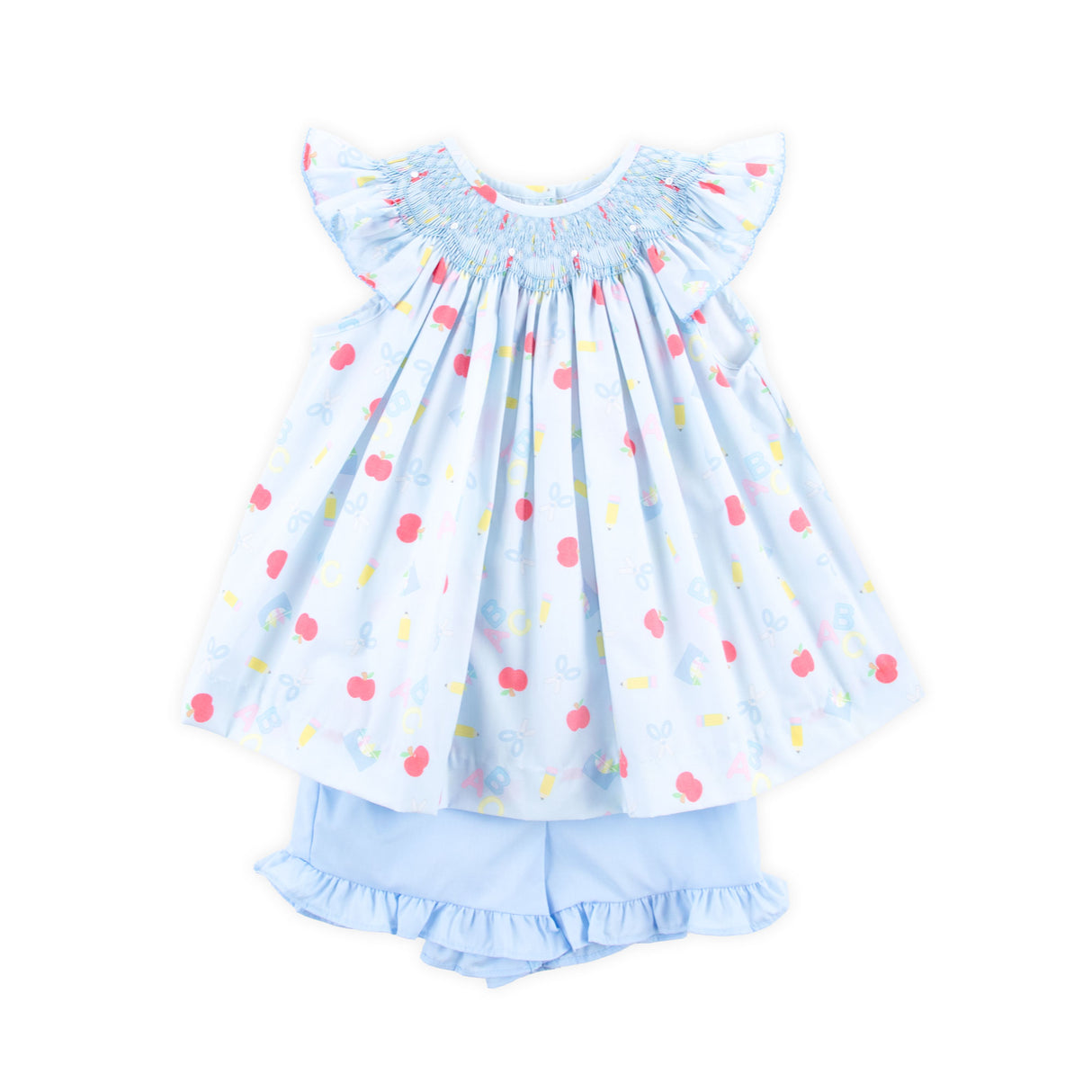 Back to School Smocked Blue Angel Sleeve Short Set