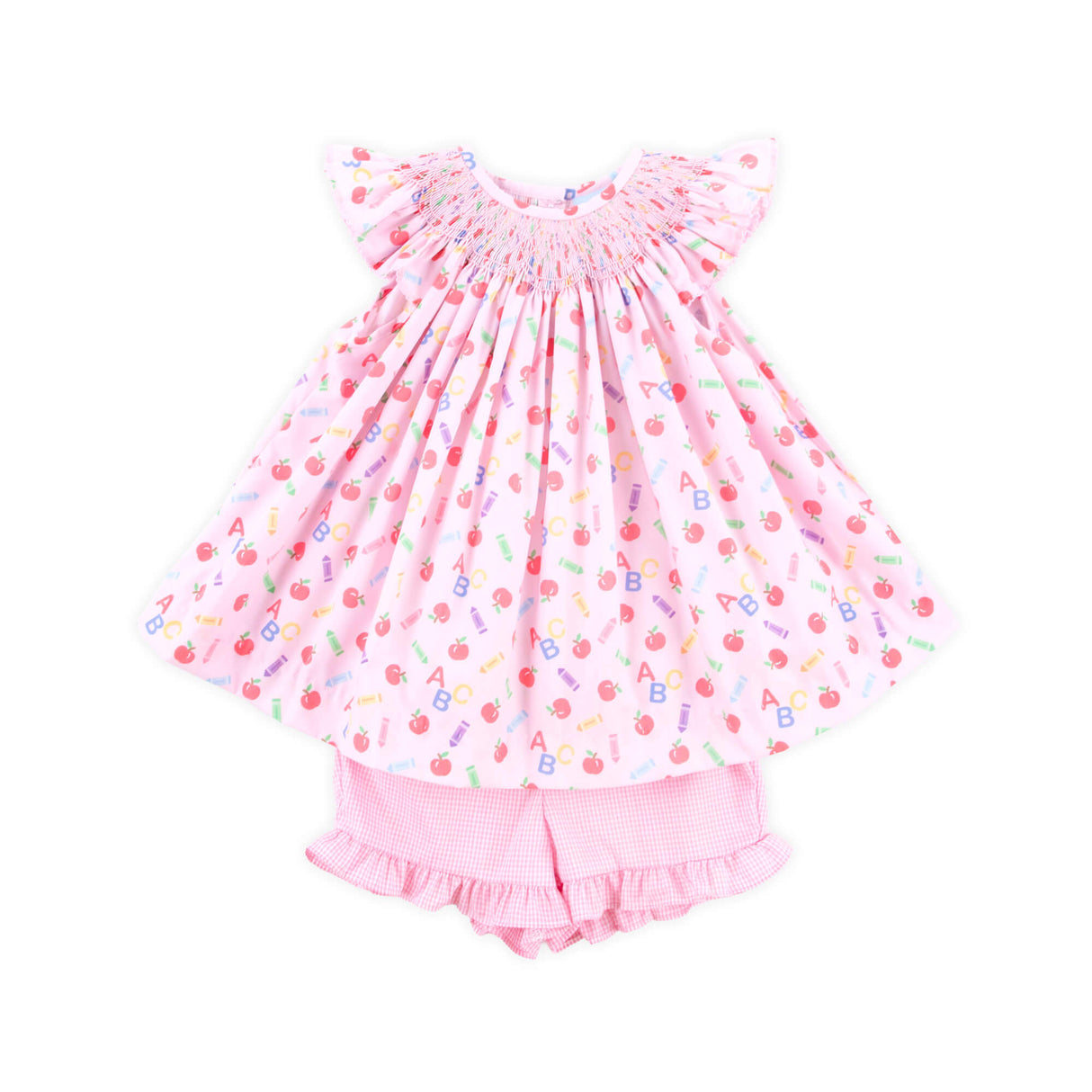 School Essentials Smocked Pink Angel Sleeve Short Set