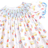 School Bus Print Smocked White Bishop Short Set