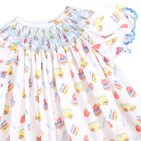 School Bus Print Smocked White Bishop Short Set