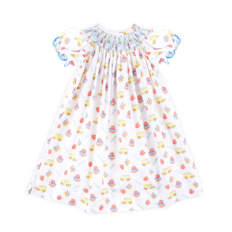 School Bus Print Smocked White Bishop Dress