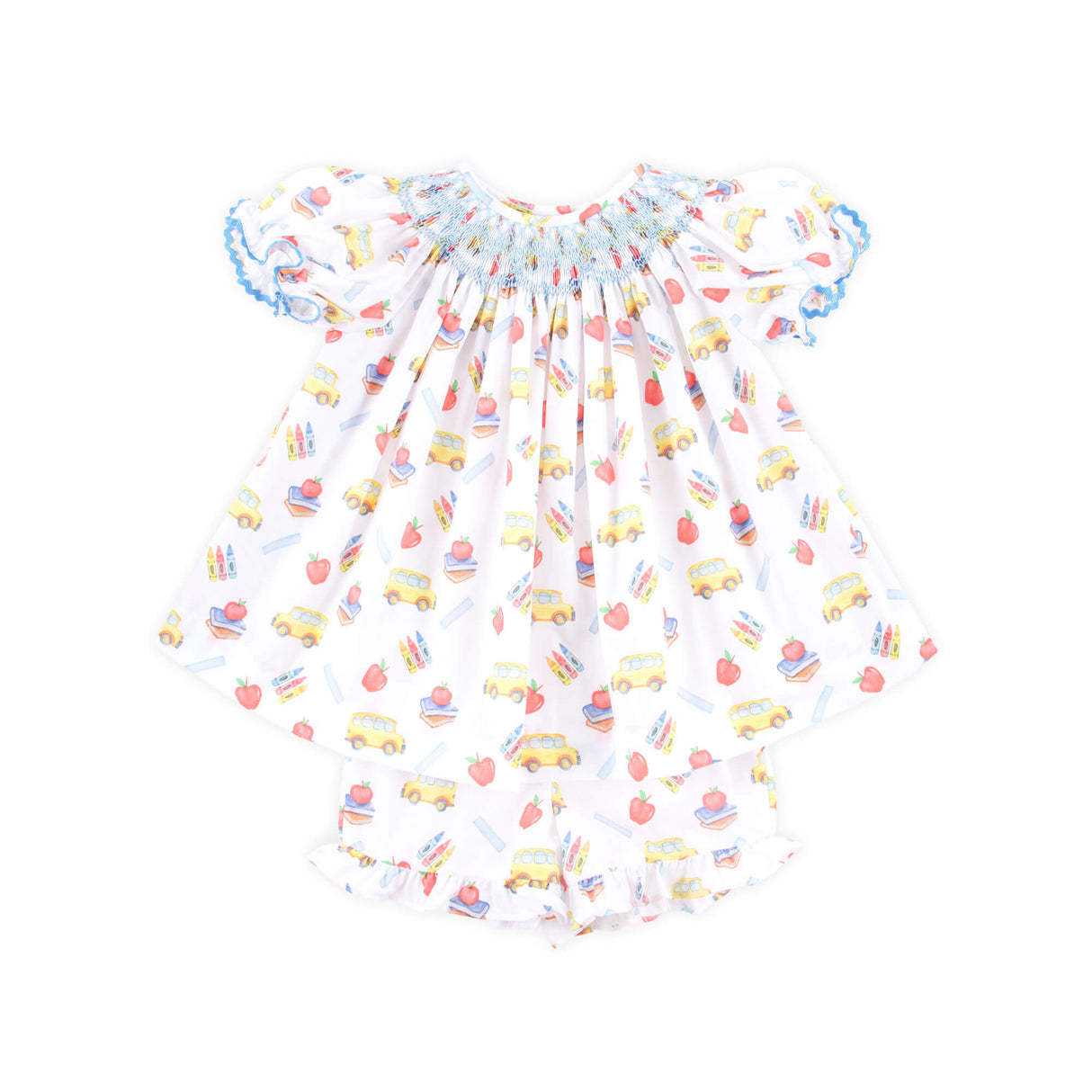 School Bus Print Smocked White Bishop Short Set