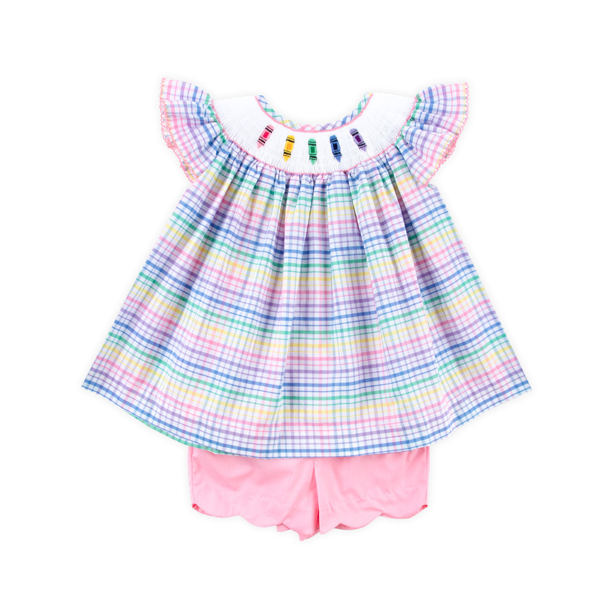 Crayon Smocked Colorful Plaid Angel Sleeve Short Set