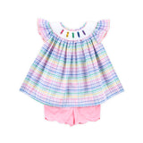 Crayon Smocked Colorful Plaid Angel Sleeve Short Set