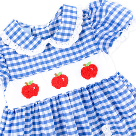 Red Apple Smocked Blue Gingham Angel Sleeve Dress