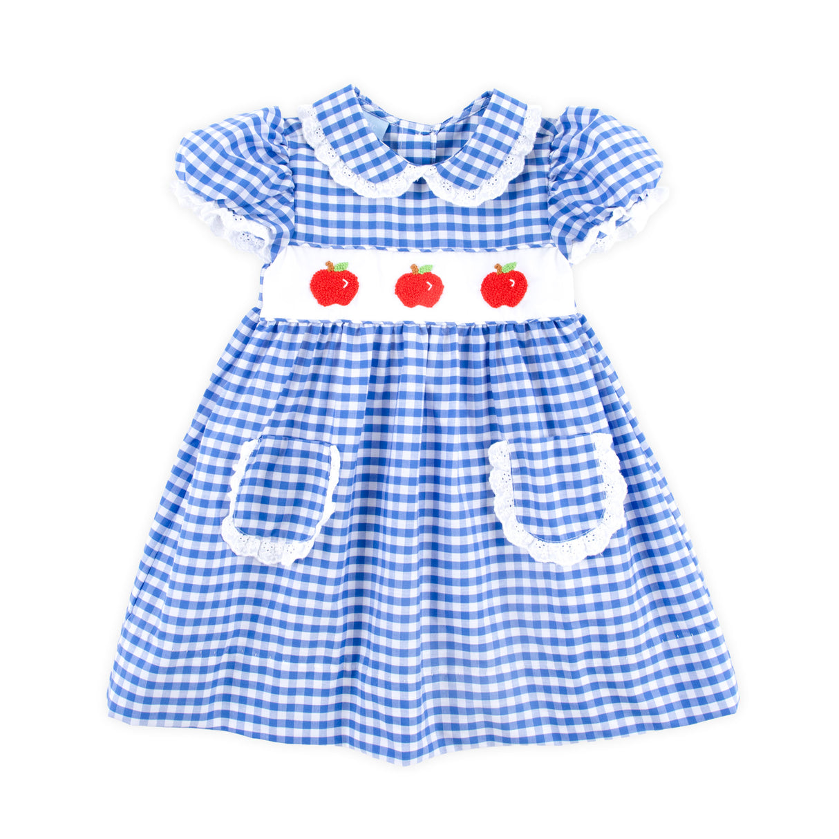 Red Apple Smocked Blue Gingham Angel Sleeve Dress