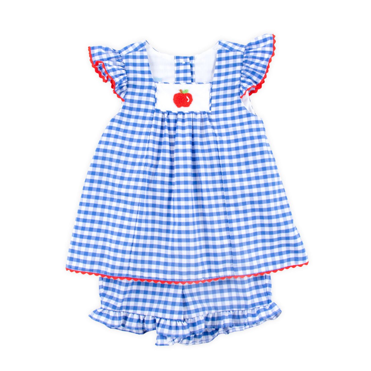 Red Apple Single Smocked Blue Gingham Short Set