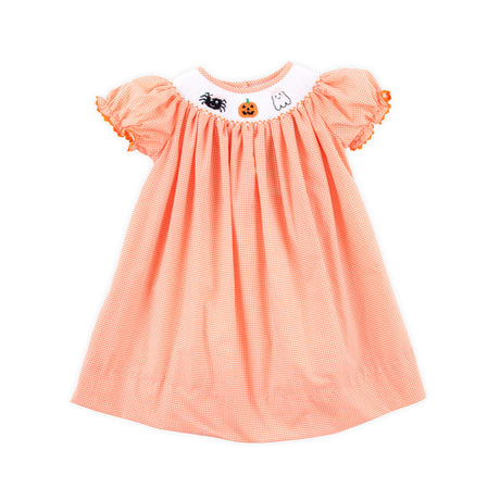 Scary Smocked Orange Gingham Bishop Dress