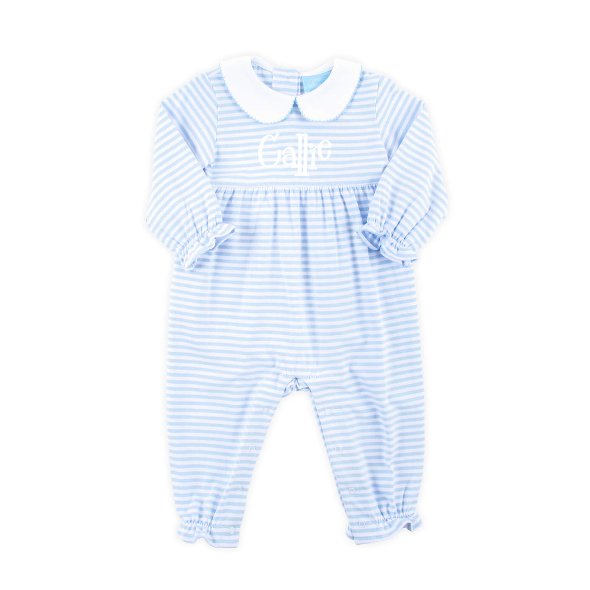 French Blue Stripe Ruffle Romper