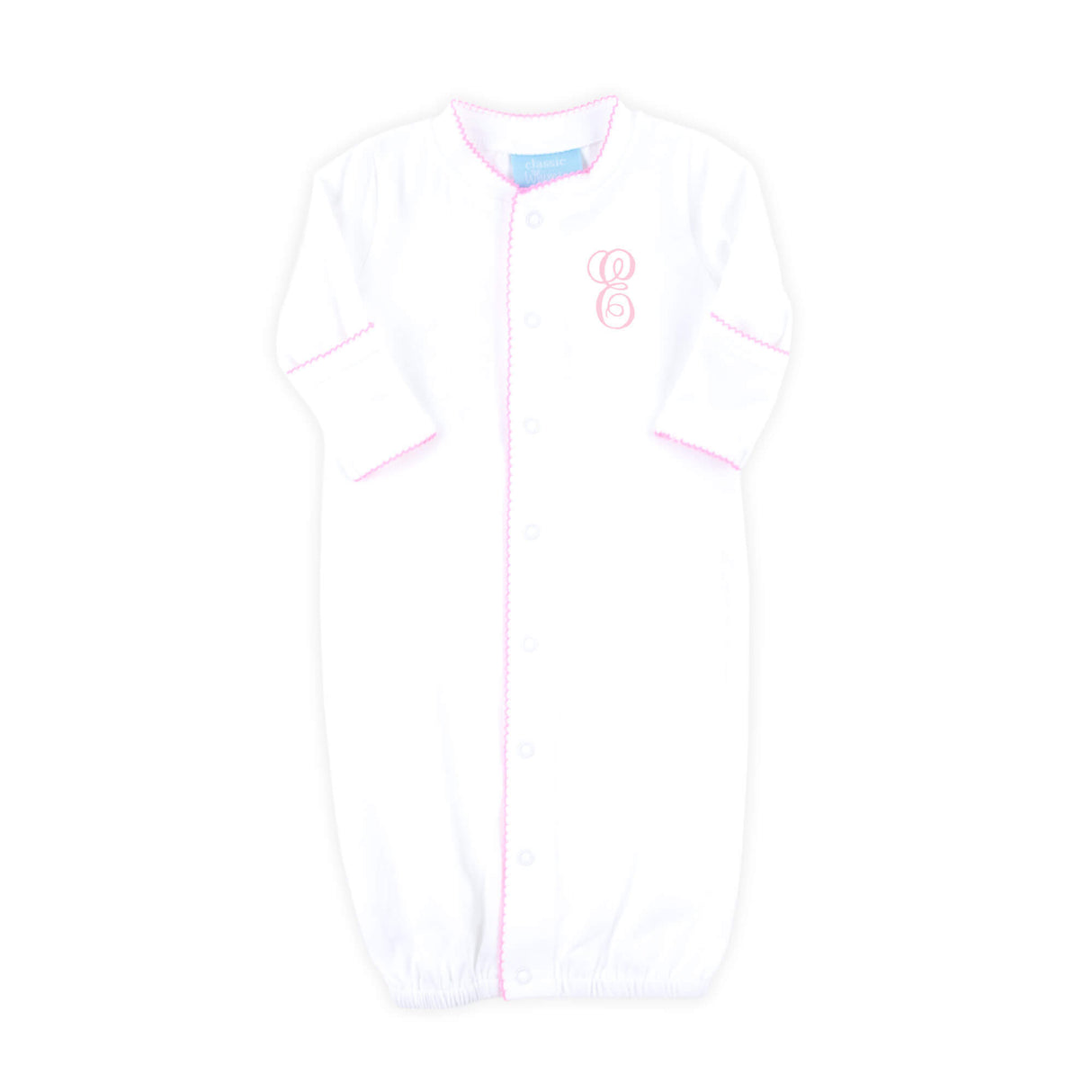White Layette Gown with Pink Trim