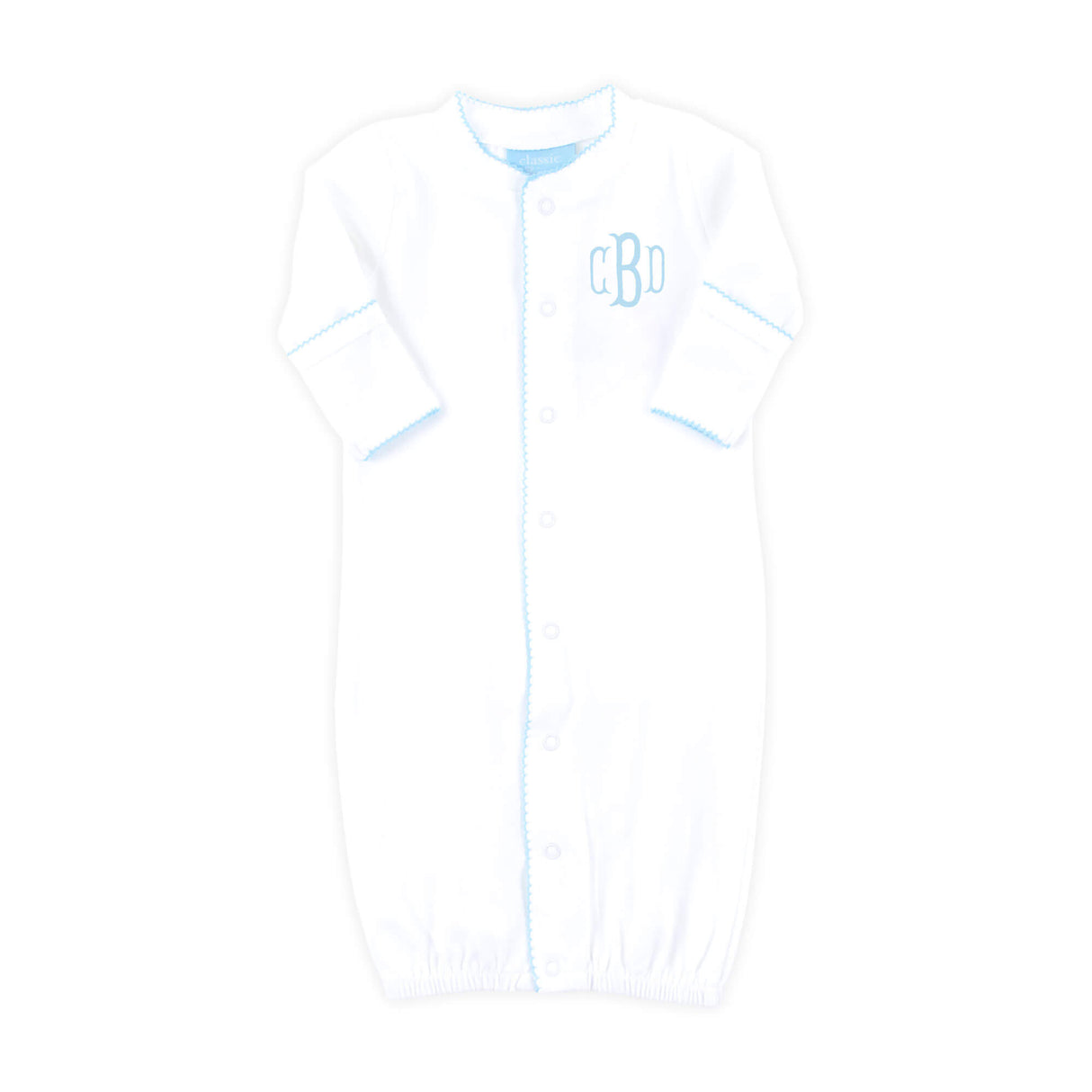 White Layette Gown with Blue Trim
