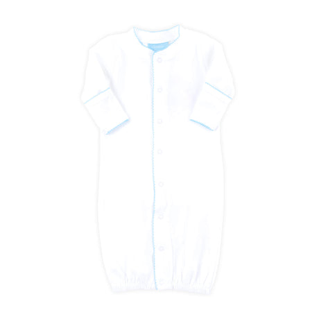 White Layette Gown with Blue Trim