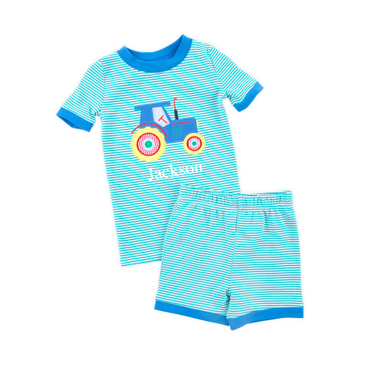 Tractor Applique Green Stripe Short Pajamas