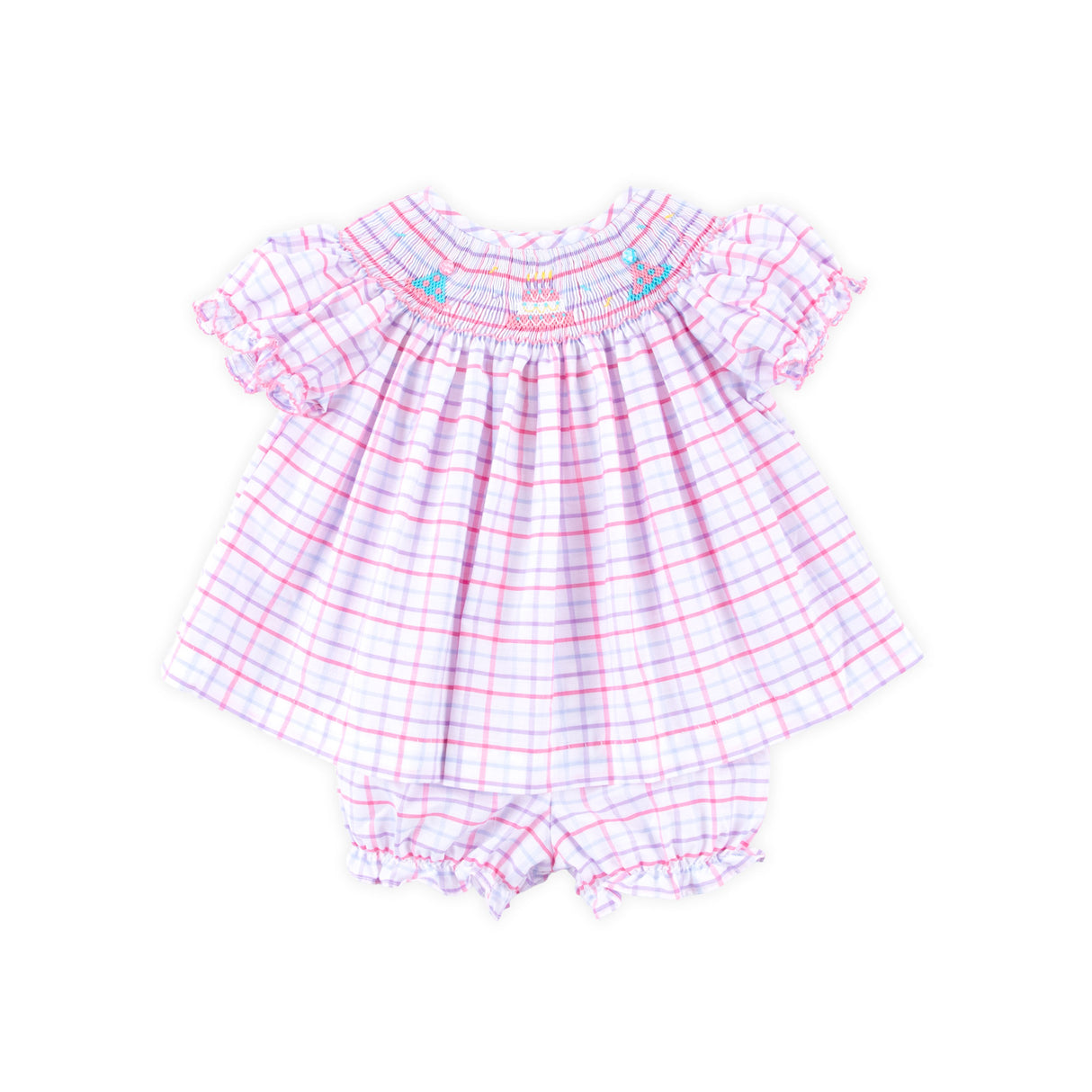 Birthday Celebration Smocked Rainbow Plaid Bloomer Set