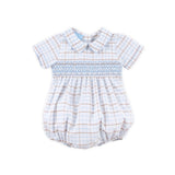 Blue & Tan Plaid Smocked Collared Bubble