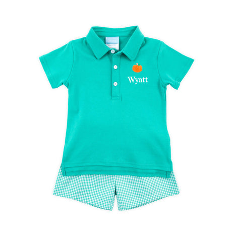 Pumpkin Green Gingham Polo Short Set