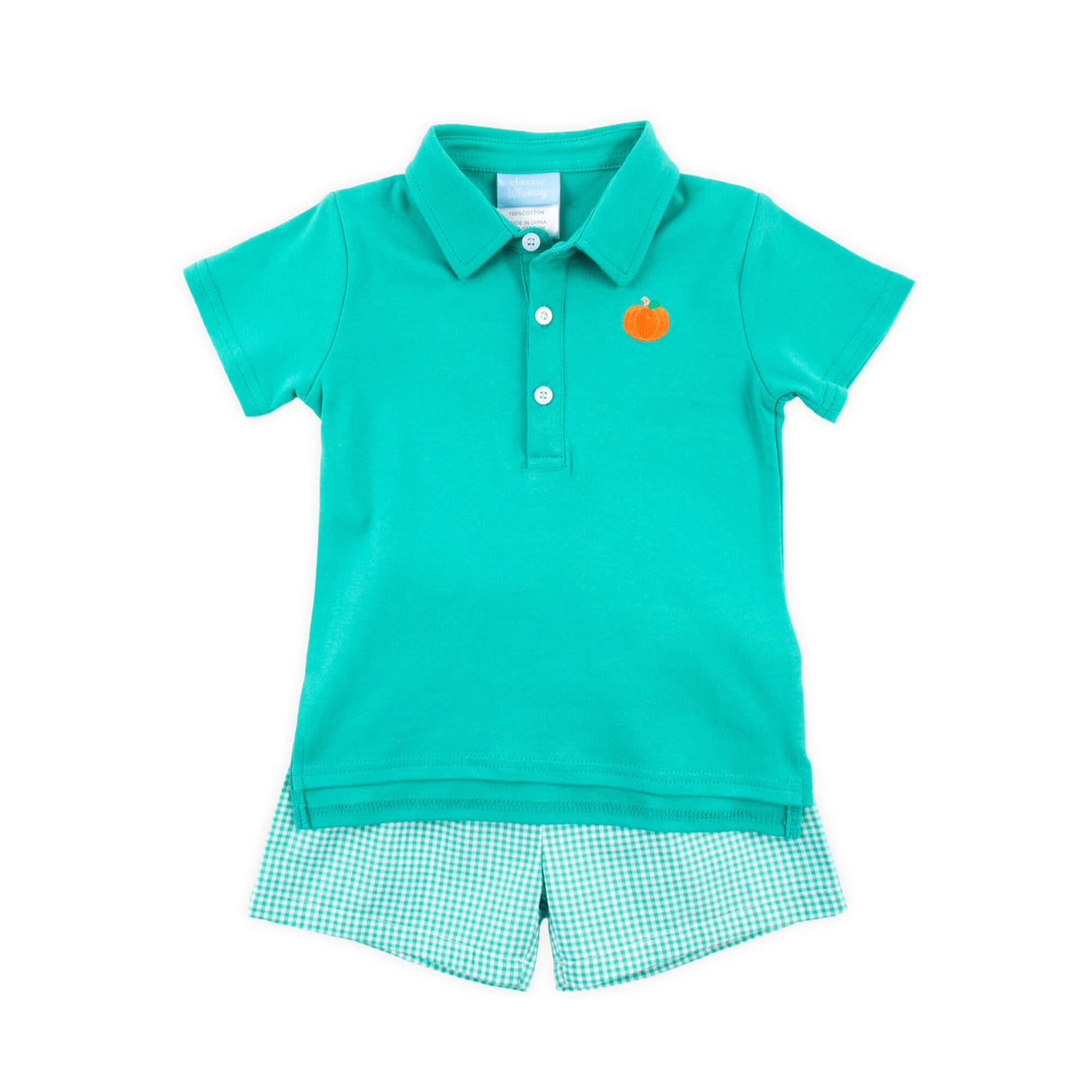 Pumpkin Green Gingham Polo Short Set