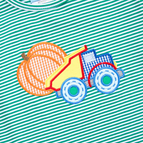 Pumpkin Dump Truck Green Stripe Short Sleeve Shirt