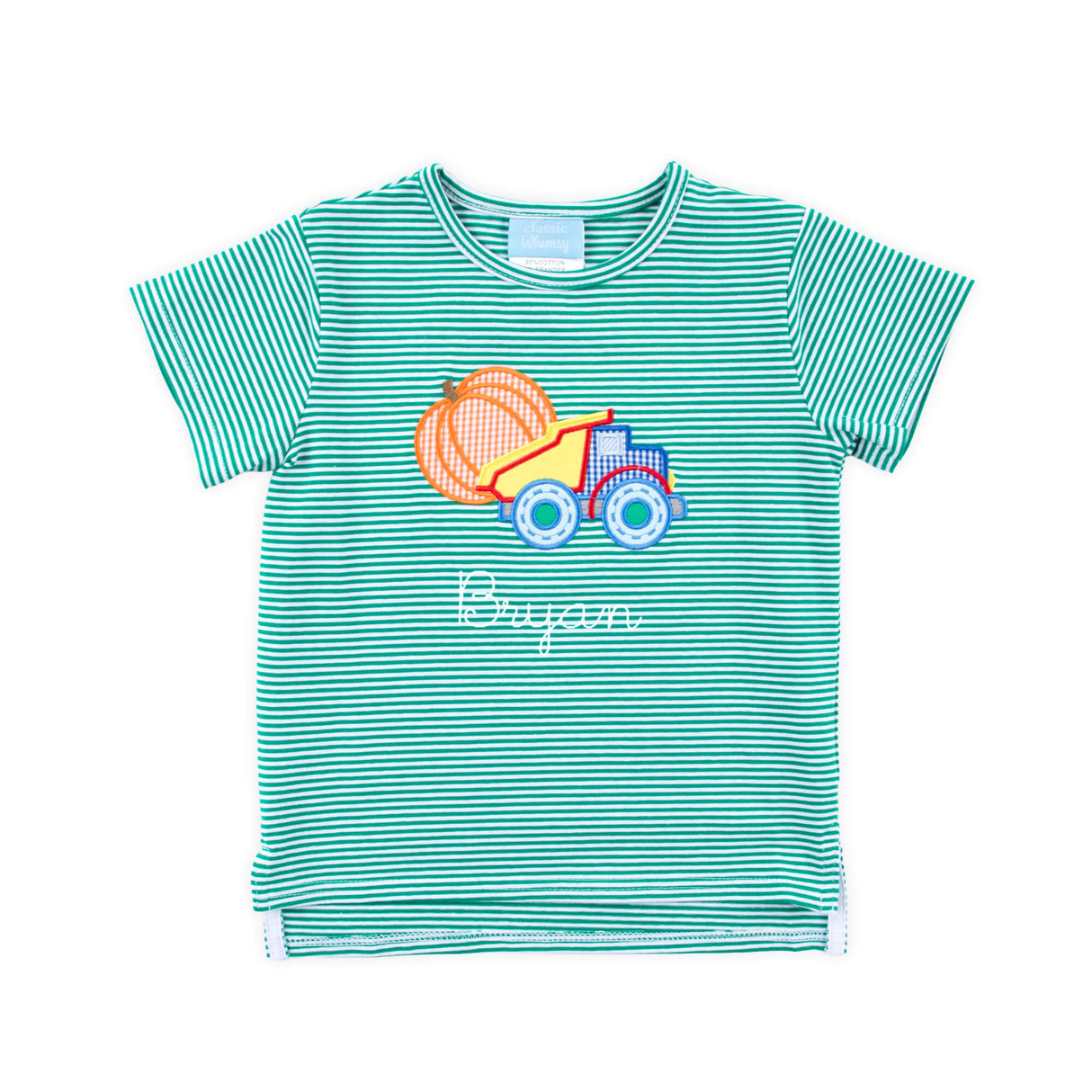 Pumpkin Dump Truck Green Stripe Short Sleeve Shirt