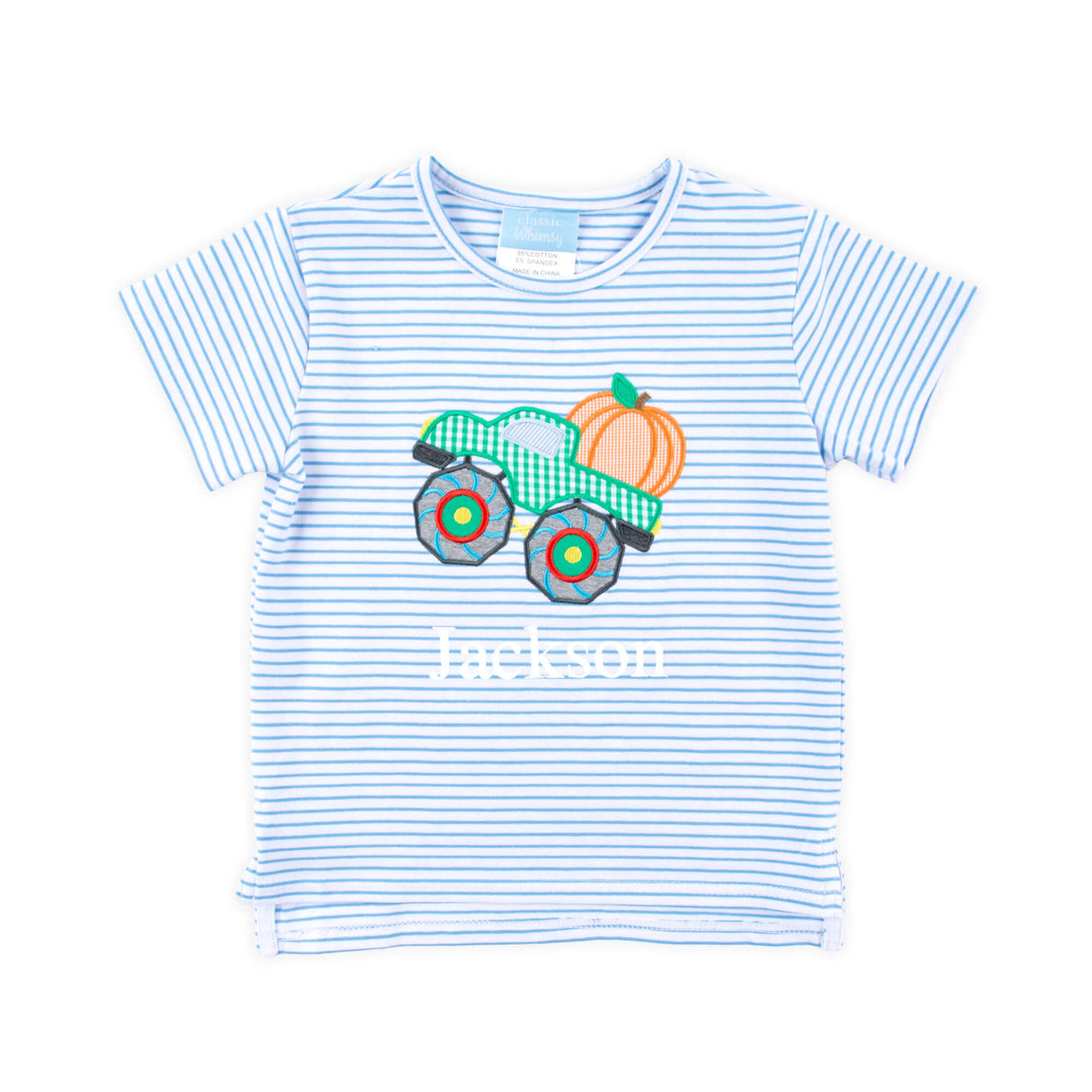 Pumpkin Truck Blue Stripe Short Sleeve Shirt