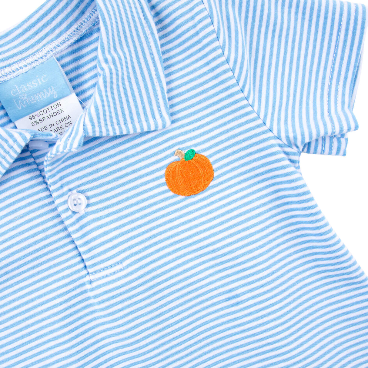 Pumpkin Embroidered Blue Stripe Polo Romper